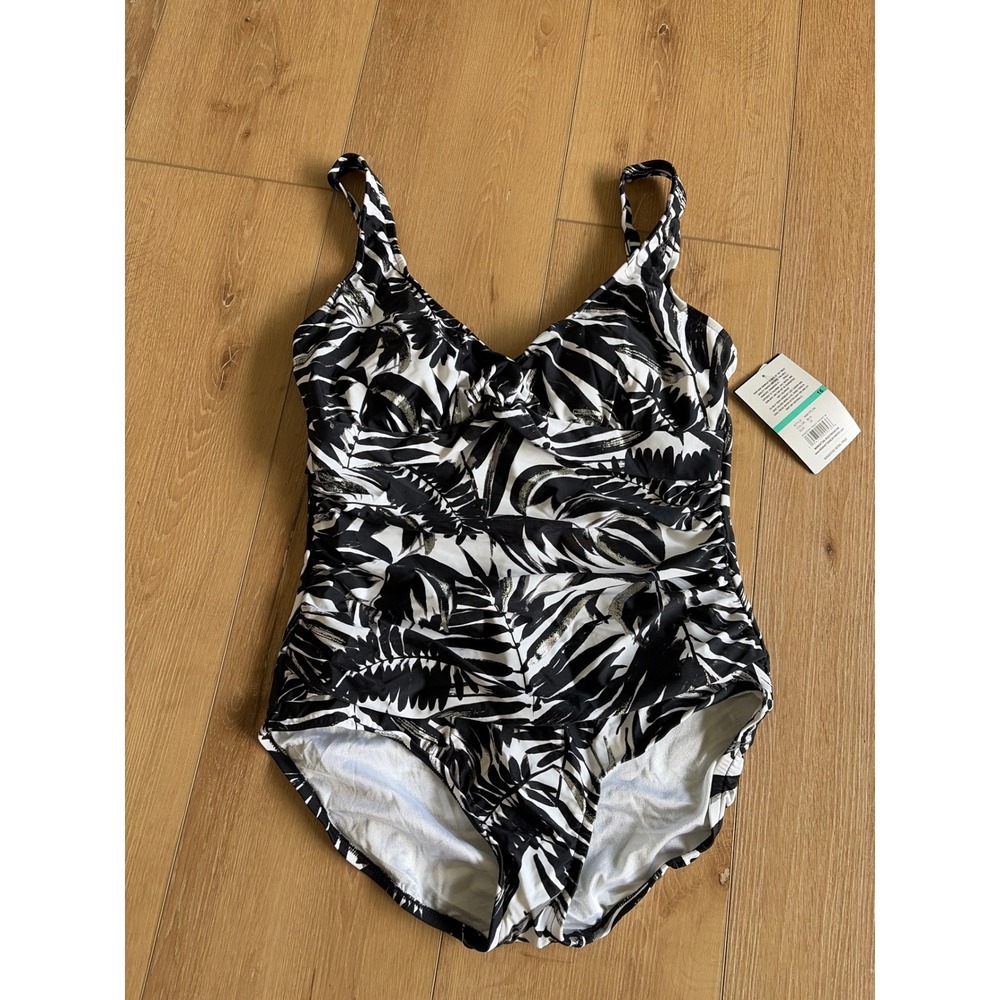 Maxine of Hollywood Womens Black White Palm Print One Piece Swimsuit Size 16 NEW